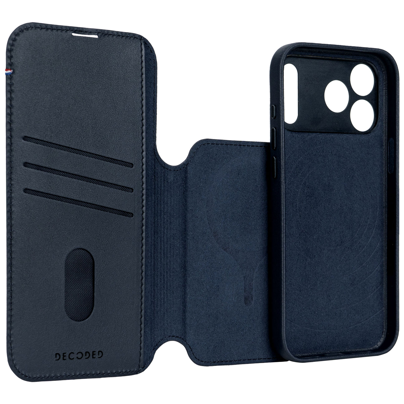 Dunkelblaue Lederhülle für ein Smartphone, aufgeklappt, mit Kartenfächern.