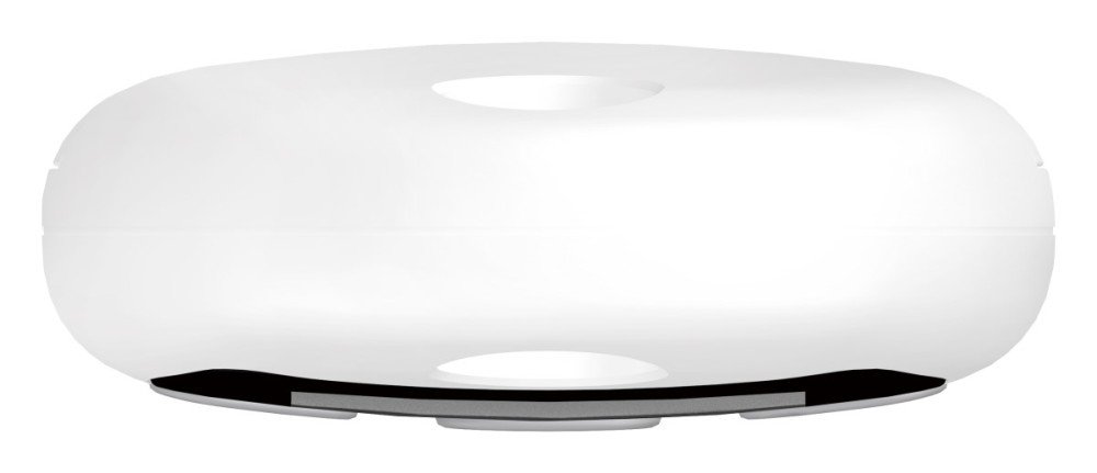 Un dispositivo ovale bianco con un foro sopra e sotto.