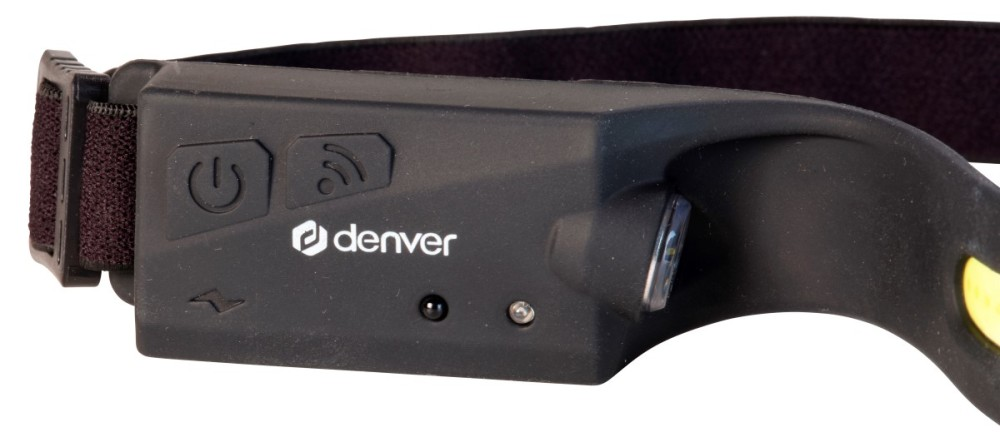 Close-up of a black headlamp with silver Denver logo, power icon, and WiFi symbol.