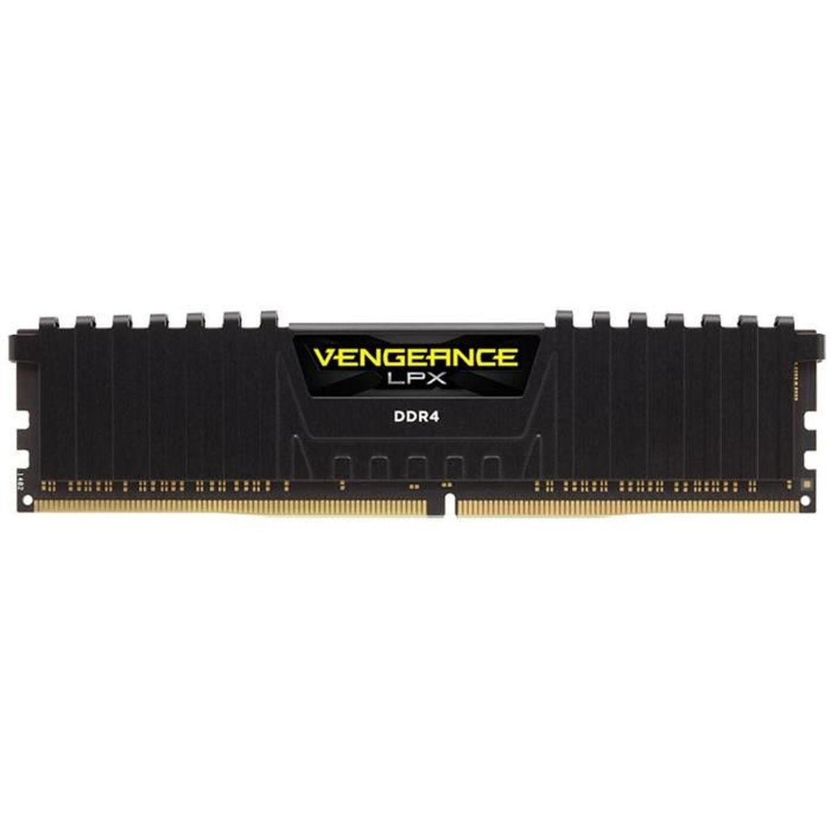 Modulo RAM DDR4 nero con logo Vengeance LPX giallo, su sfondo bianco.