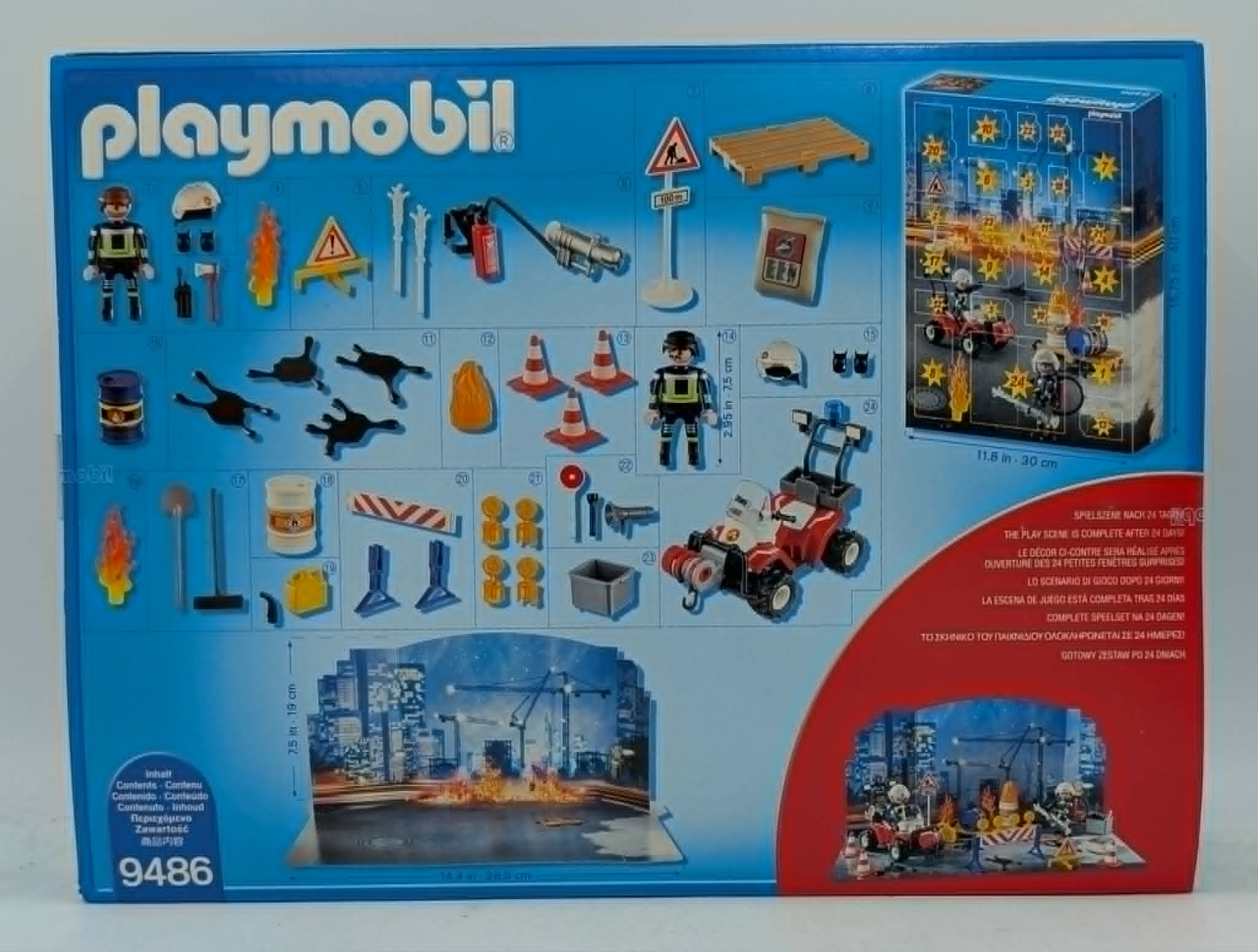 Playmobil Adventskalender mit Feuerwehrmännern, Fahrzeugen und Zubehör.