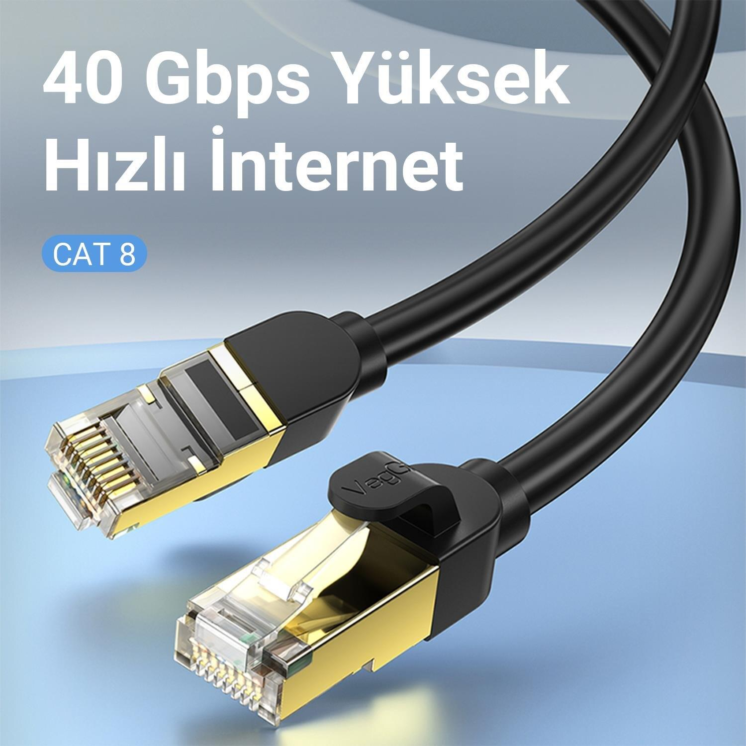 Mavi arka plan üzerinde altın konektörlü iki CAT 8 Ethernet kablosu.