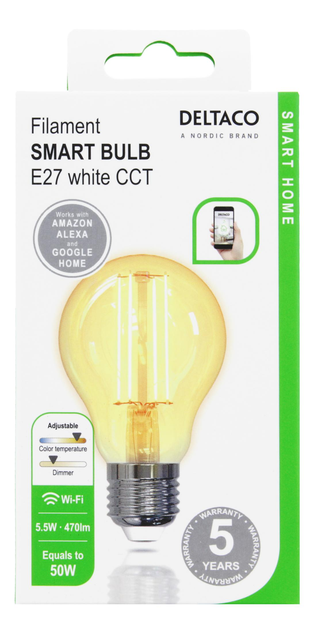Una scatola bianca e verde per una lampadina intelligente a filamento Deltaco E27, con una grande immagine della lampadina.