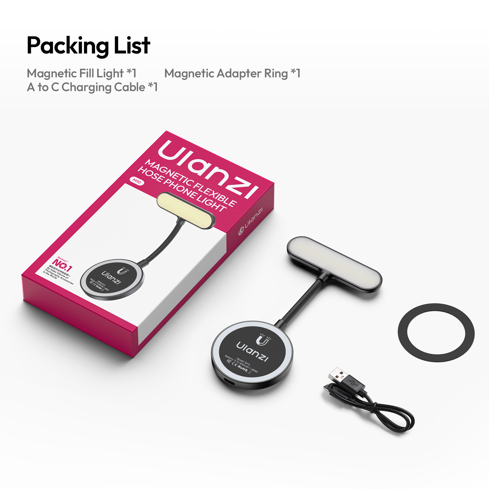 Ulanzi magnetic phone light, ring, and USB-C cable.