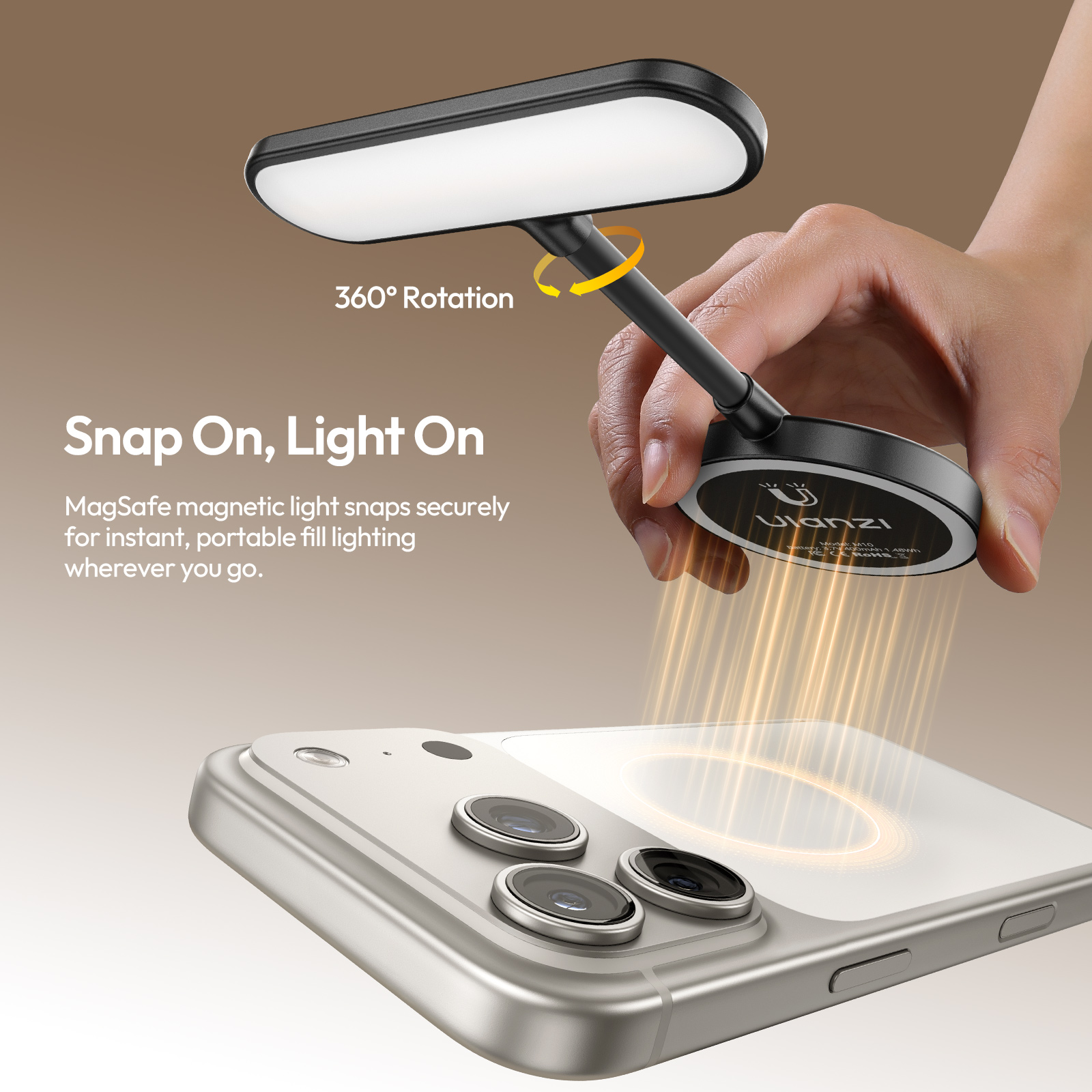 A hand holds a MagSafe light above a smartphone, capable of 360-degree rotation.