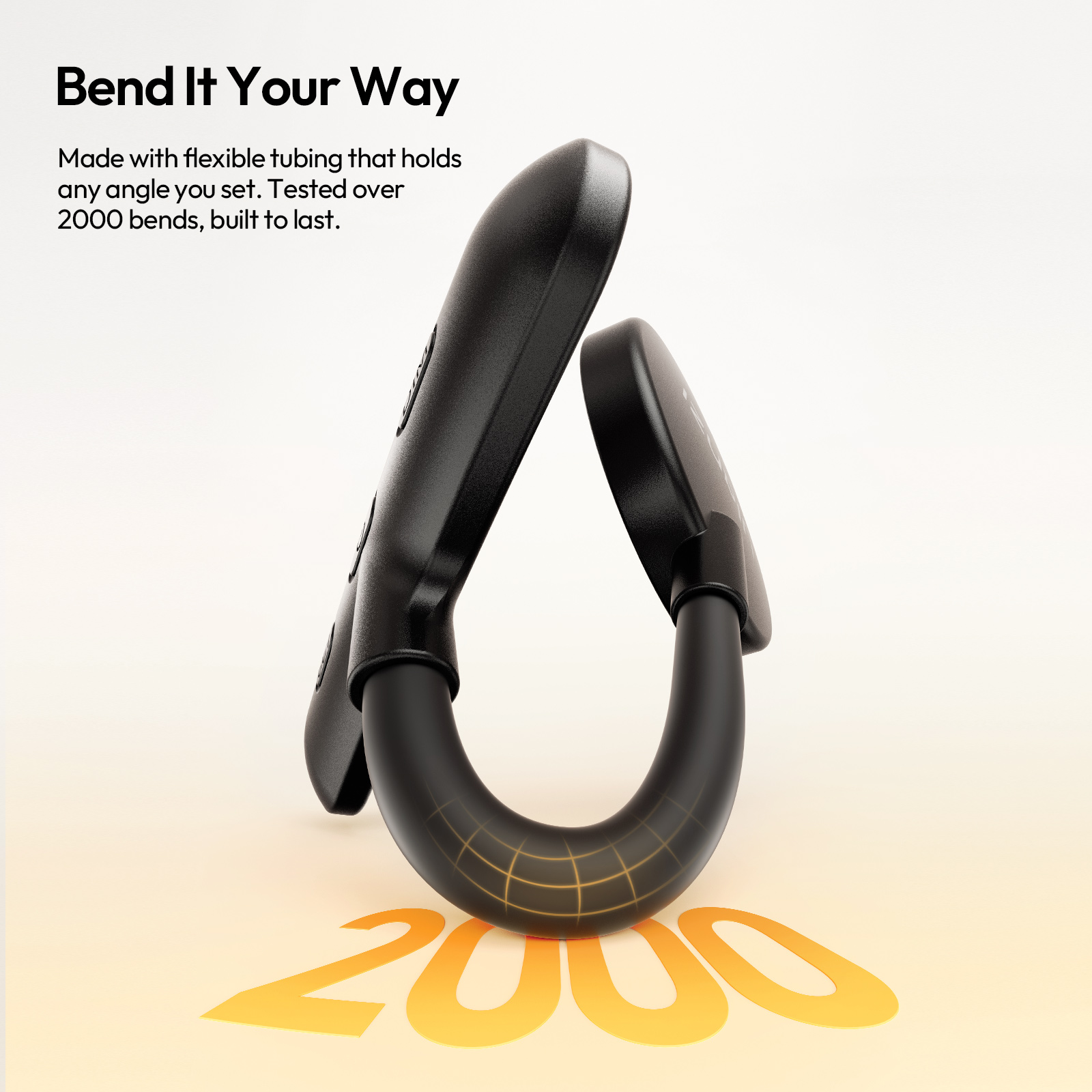 Black flexible tubing with grips, bent into a U-shape. Orange grid pattern.