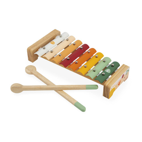 Ein buntes Holzxylophon für Kinder mit zwei Schlägeln.