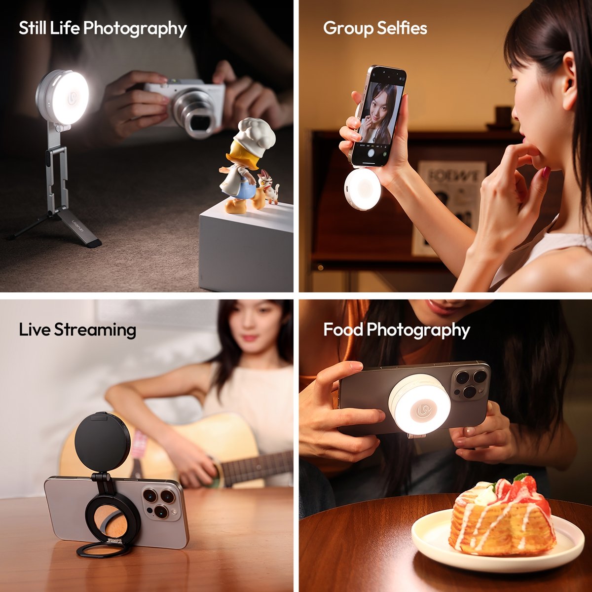 Vier scènes tonen een ringlamp voor smartphones in actie: stilleven, groepsselfie, live streaming, foodfotografie.