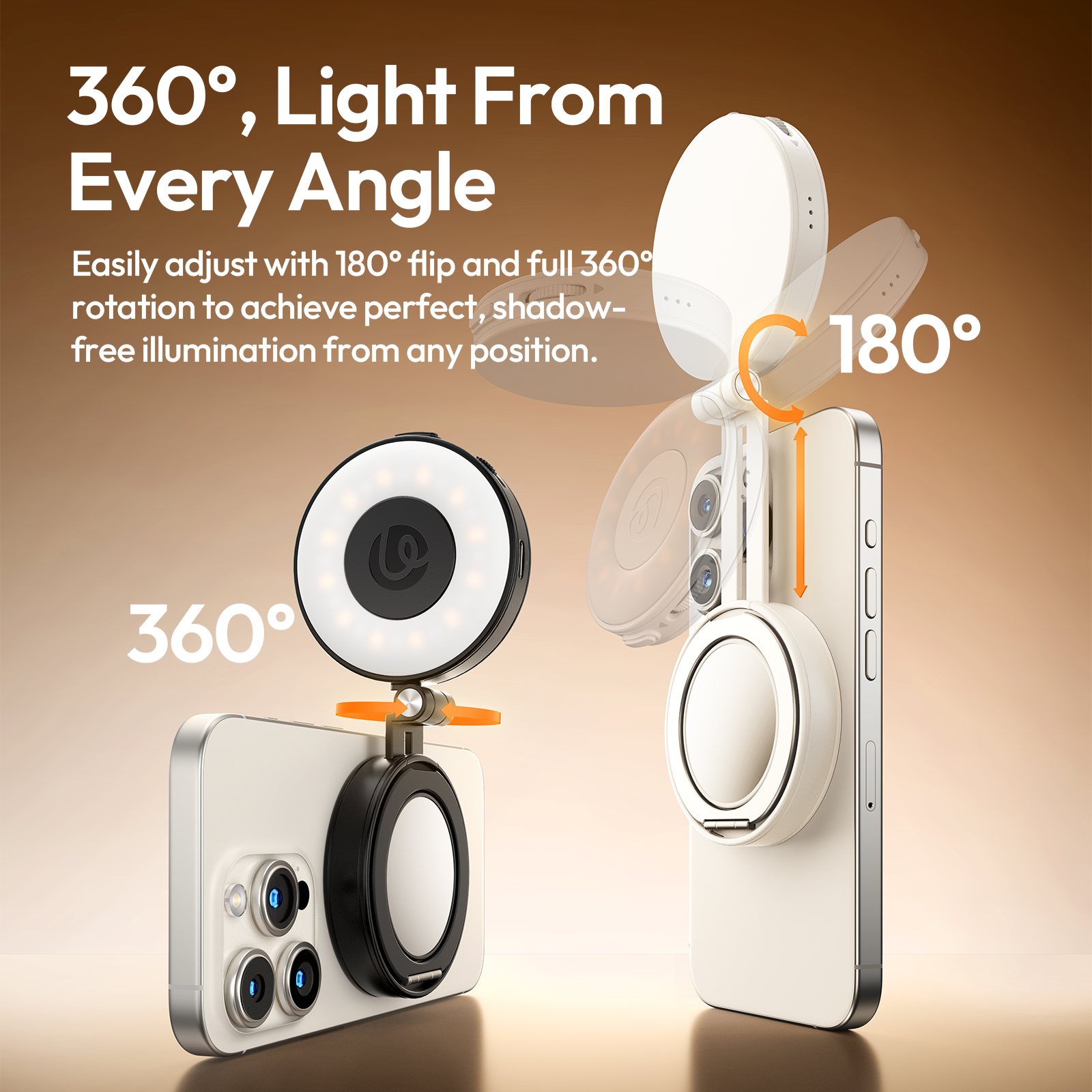 Ringlamp en houder voor smartphone, 360° draaibaar, 180° kantelbaar.