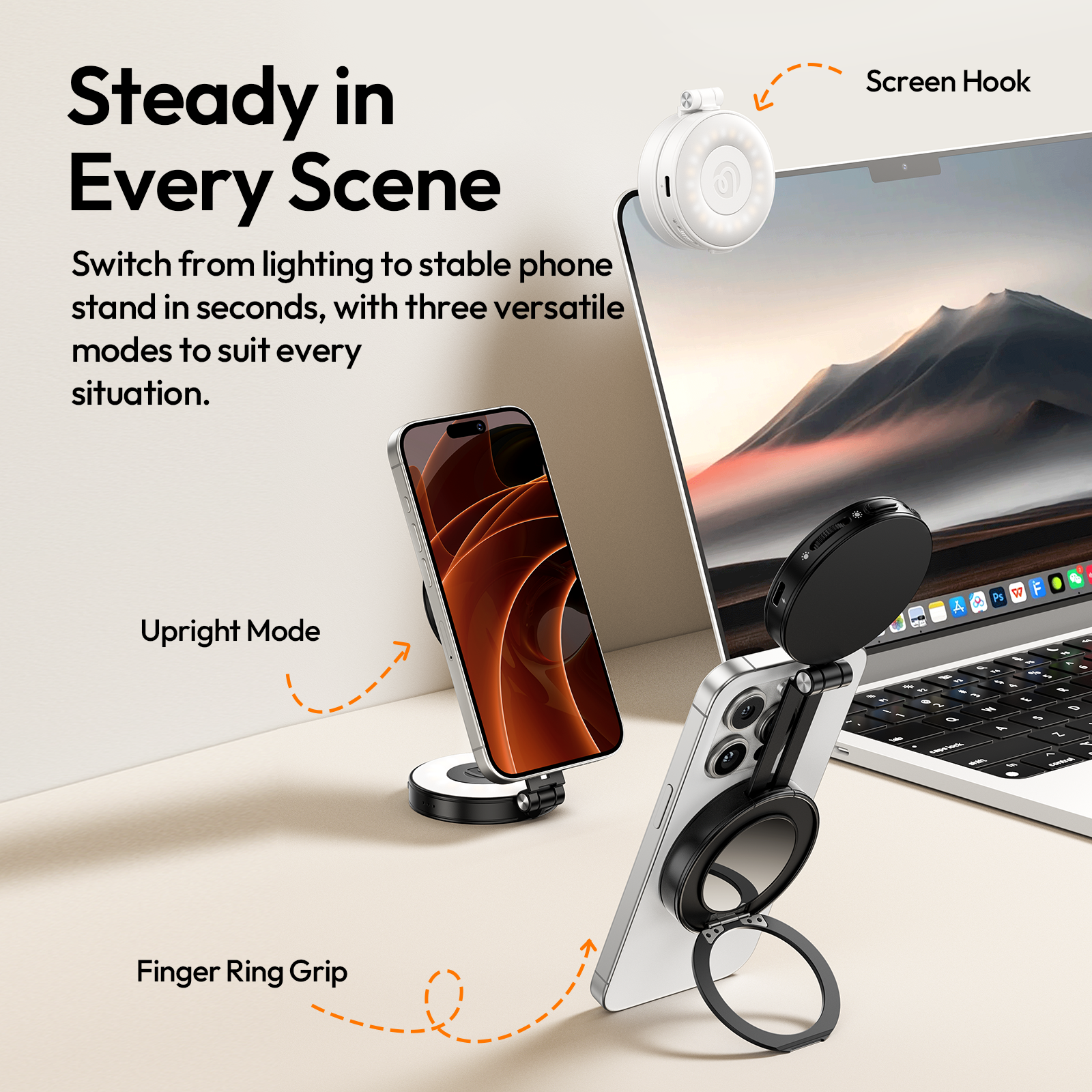 Telefoonaccessoires: ringgrip, staande standaard en laptopschermhaak.