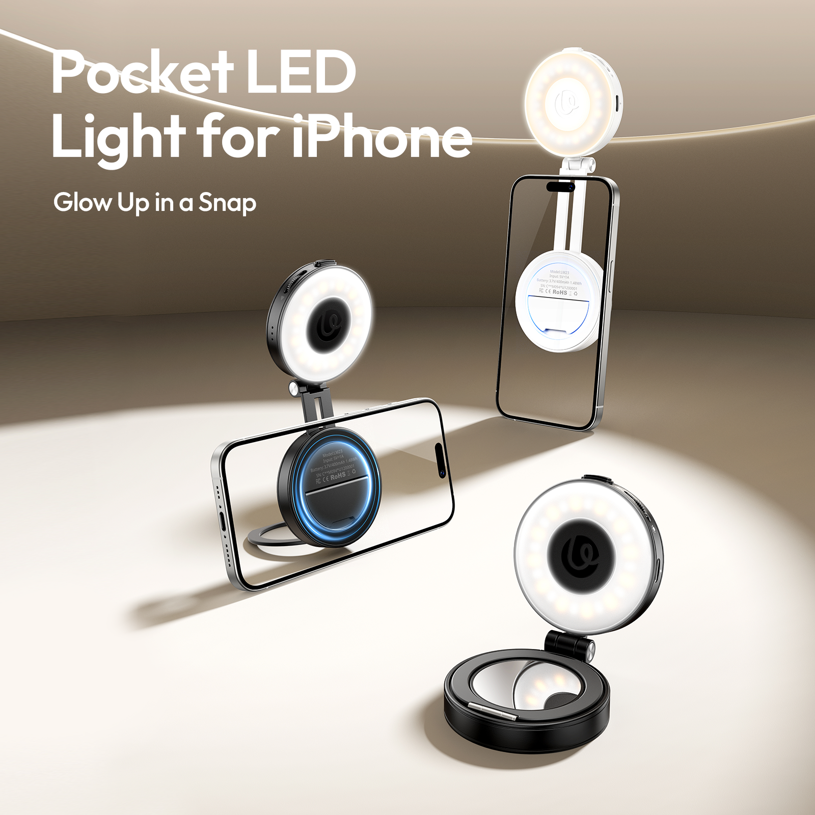 Zwarte en witte ringlampen bevestigd aan twee iPhones in een studio.