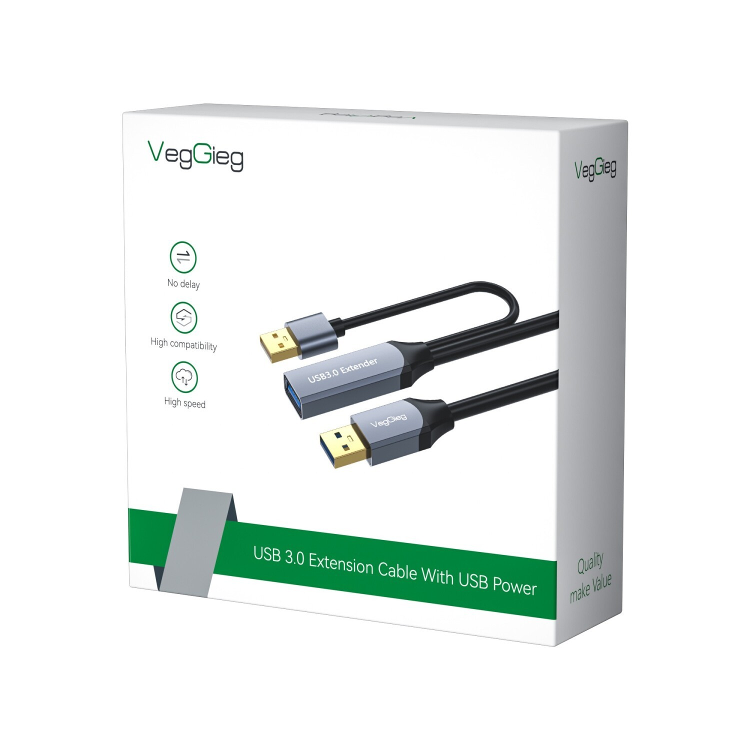 VegGieg USB 3.0 Uzatma Kablosu, USB Güçlü, beyaz kutuda.