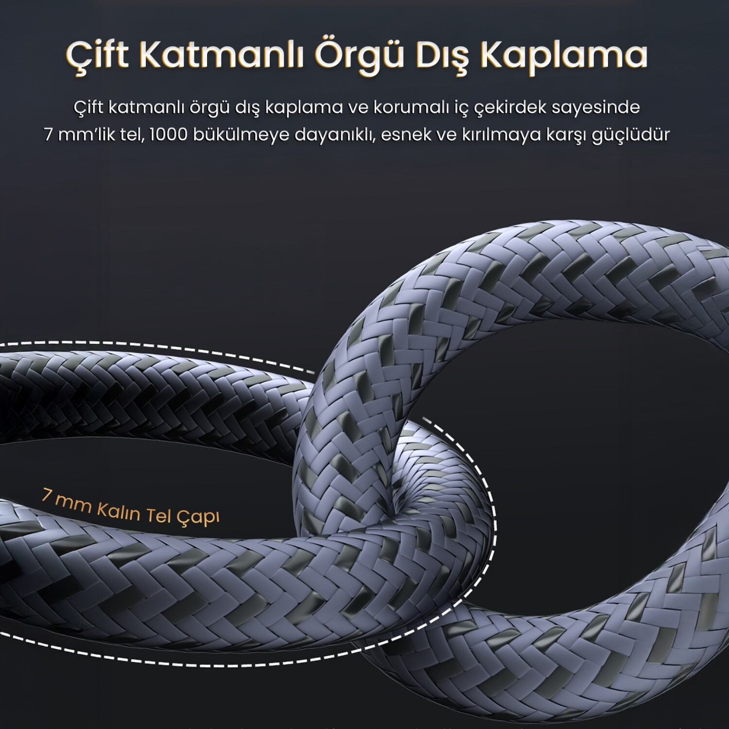 Gri, örgülü kablo, 7mm kalınlığında, metinli. Çift katmanlı kılıf.