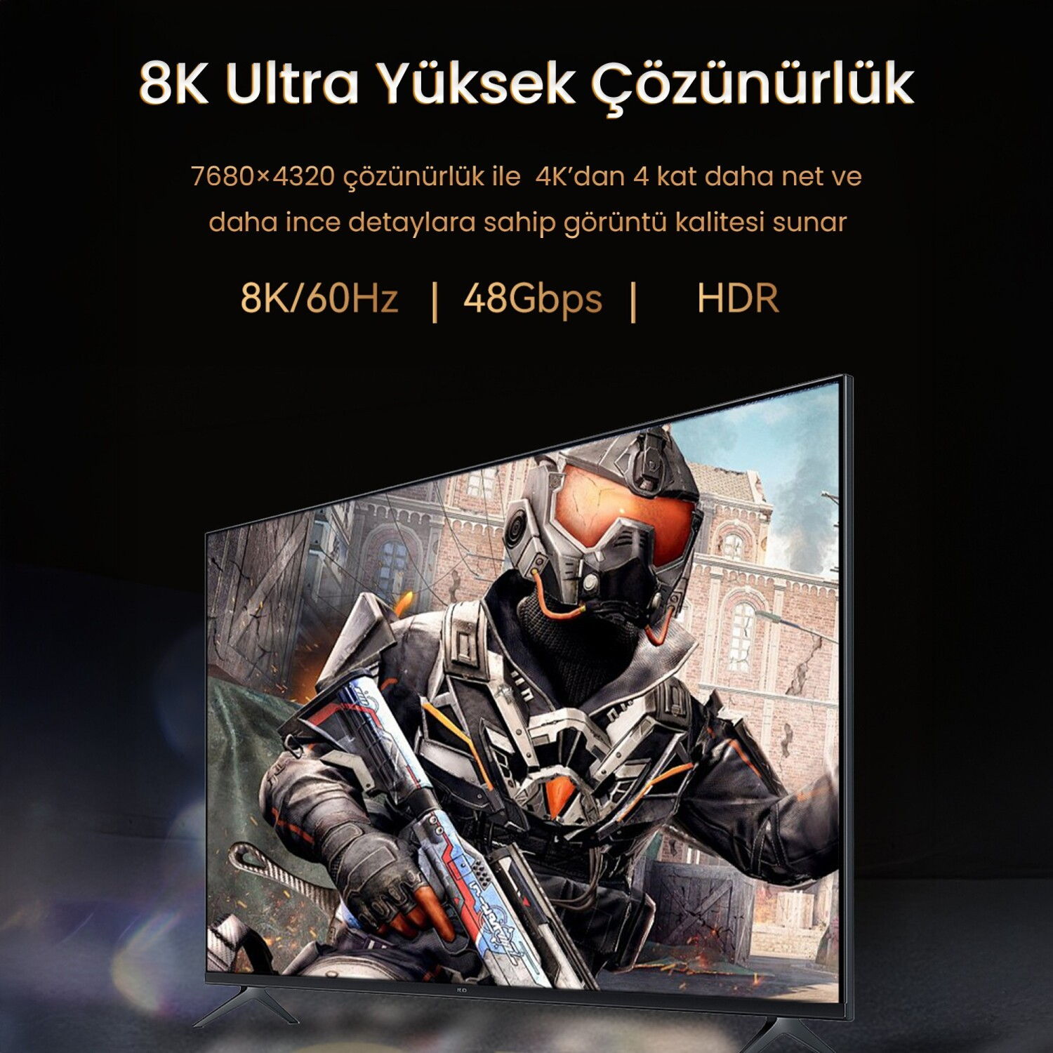 Bir TV, zırhlı bir askerin silah tuttuğu bir oyunu gösteriyor.
