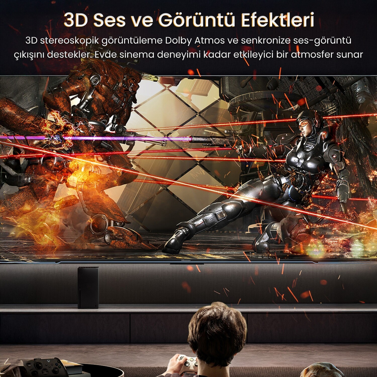 Bir adam televizyon ekranında gösterilen 3D efektli bir video oyunu oynuyor.