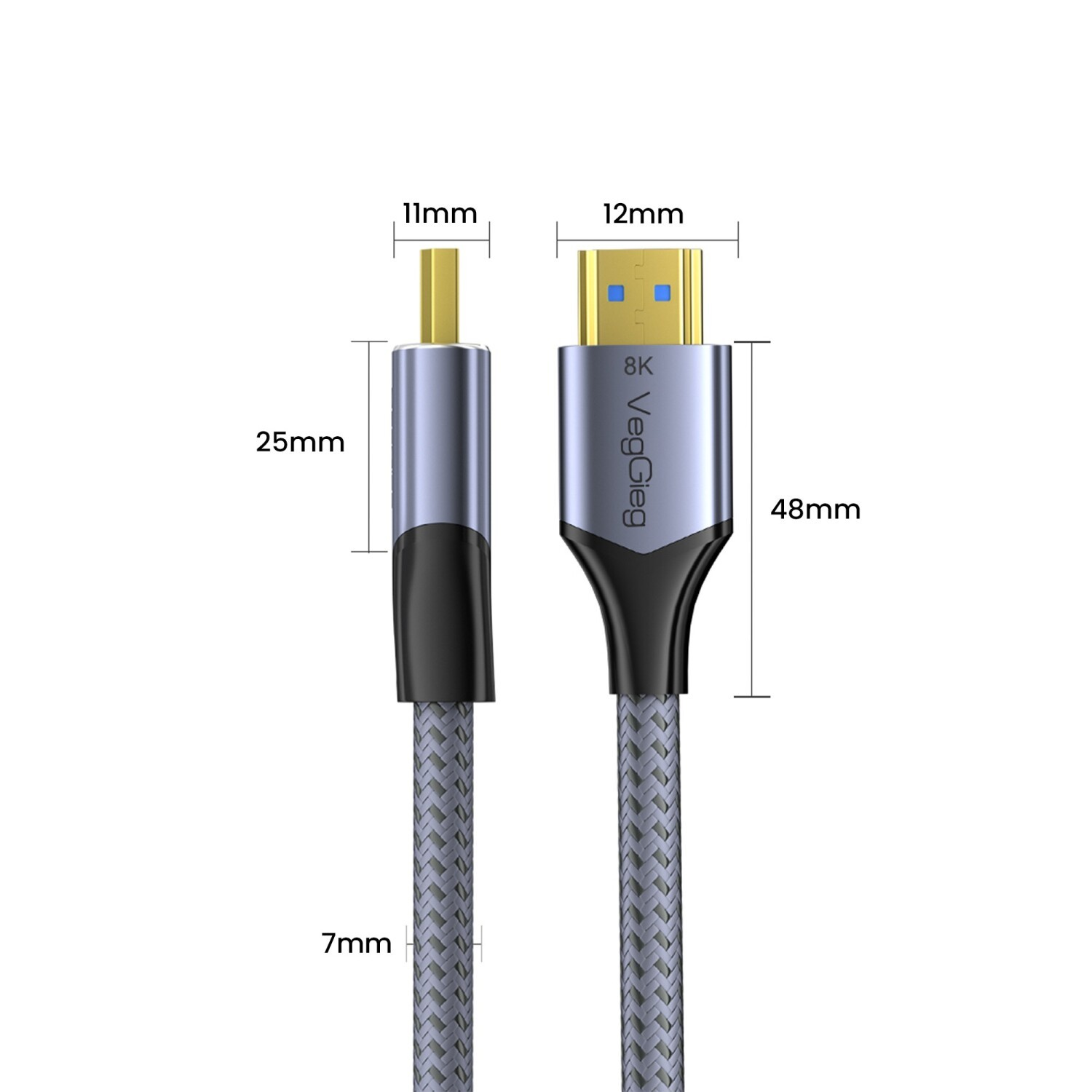 Boyutları gösteren iki HDMI kablo konektörü. Biri 25mm, diğeri 48mm.