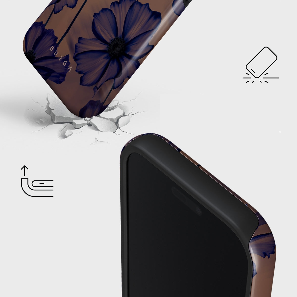Funda de teléfono con flores azules cayendo sobre suelo agrietado, muestra protección.