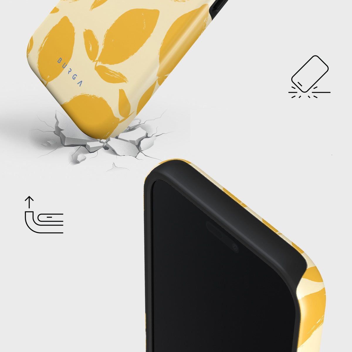 Yellow phone case with lemon pattern on cracked ground.