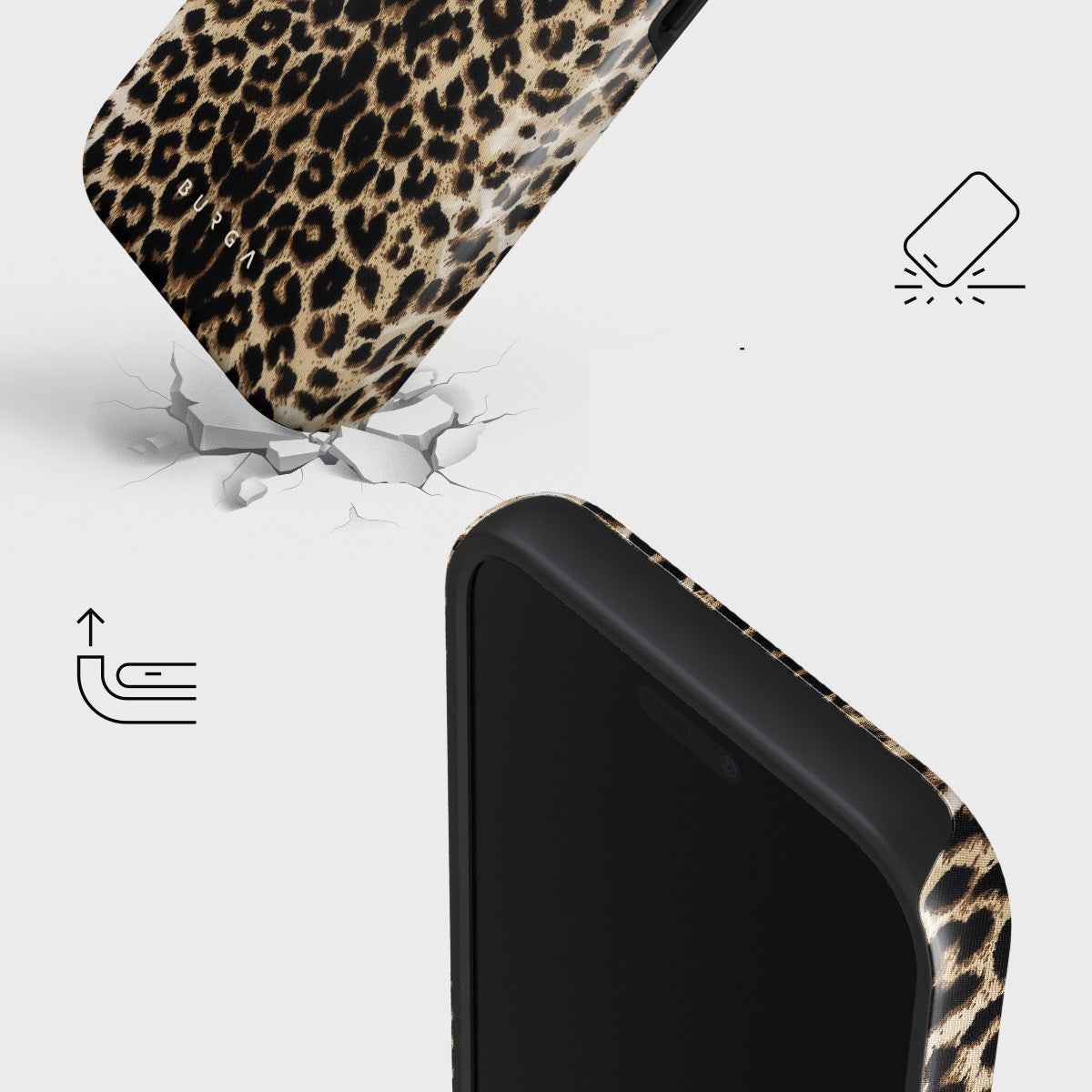 Luipaardprint telefoonhoesje valt, breekt de grond. Beschermingsicoon.