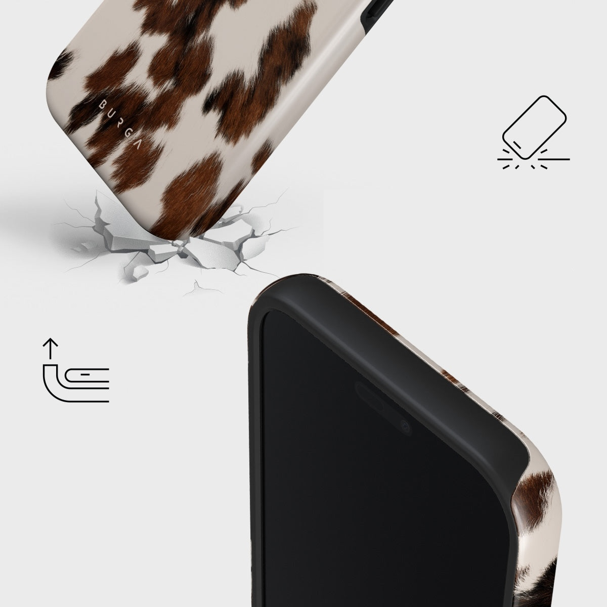 A cow-print phone case falling onto cracked ground. Icons show drop protection.