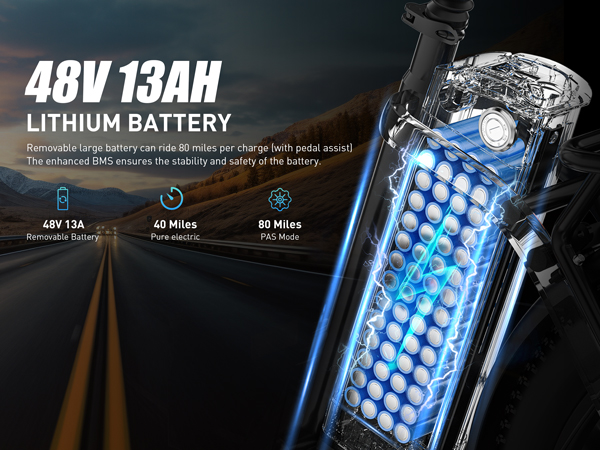 Batteria al litio 48V 13AH che percorre 80 miglia. Dettaglio del pacco batteria.