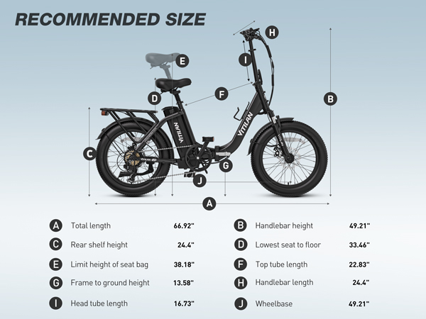 Diagramma di una e-bike nera con dimensioni ed etichette.
