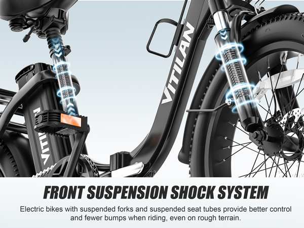 Primo piano del sistema di sospensione per e-bike nero con accenti blu.