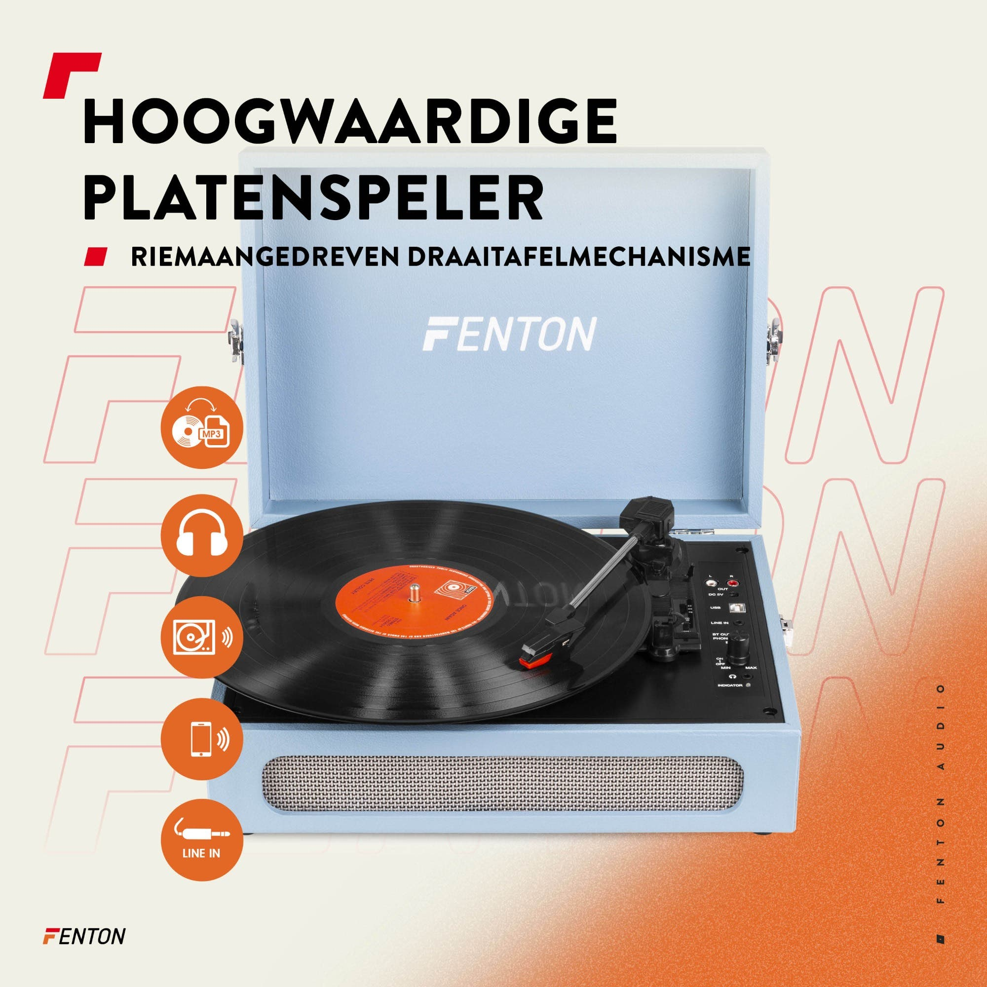 Un tocadiscos Fenton azul claro con disco de vinilo negro. Iconos muestran MP3, auriculares, entrada de línea.
