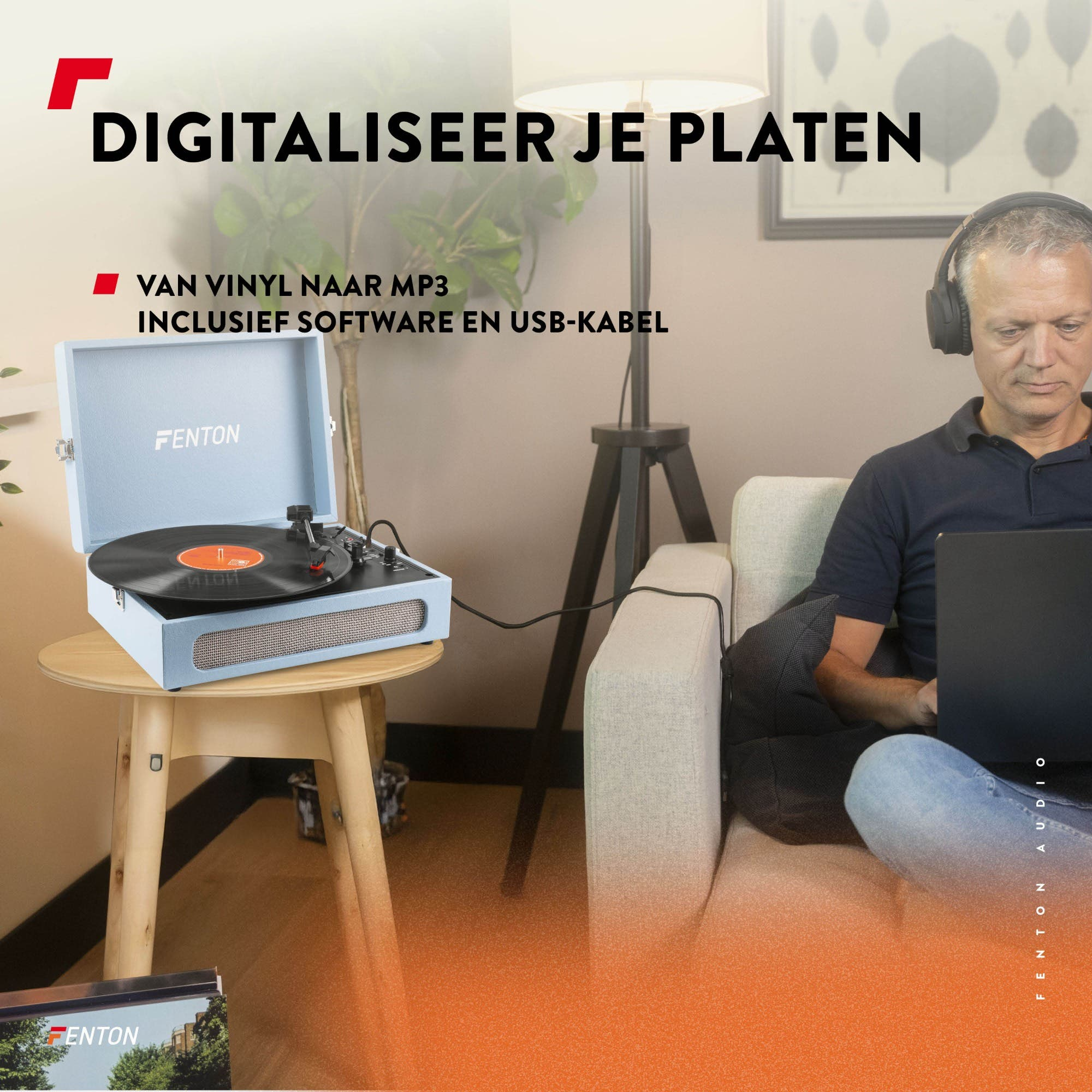 Hombre con auriculares digitaliza discos usando tocadiscos y portátil.