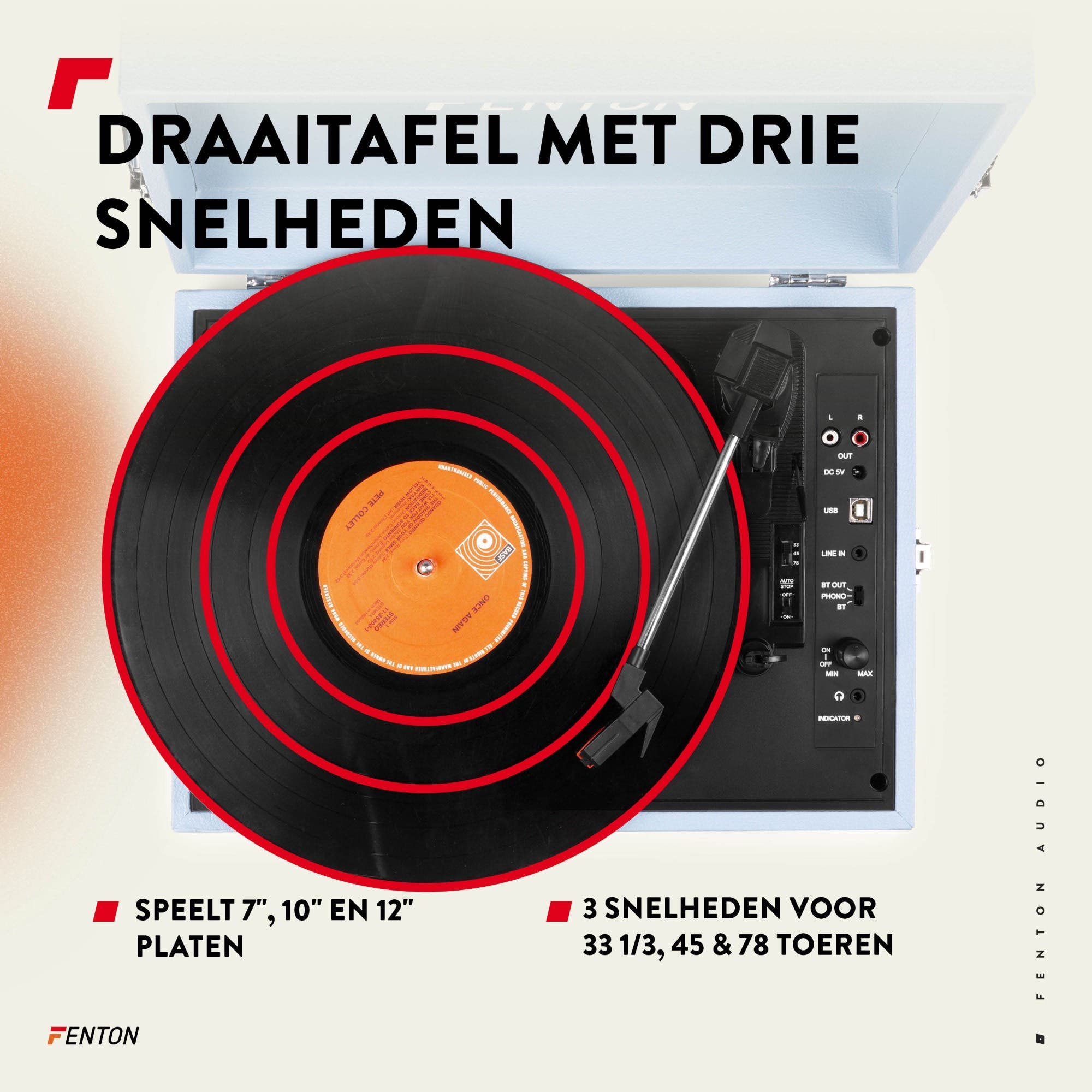Un tocadiscos de tres velocidades, reproduce discos de 7", 10", 12".