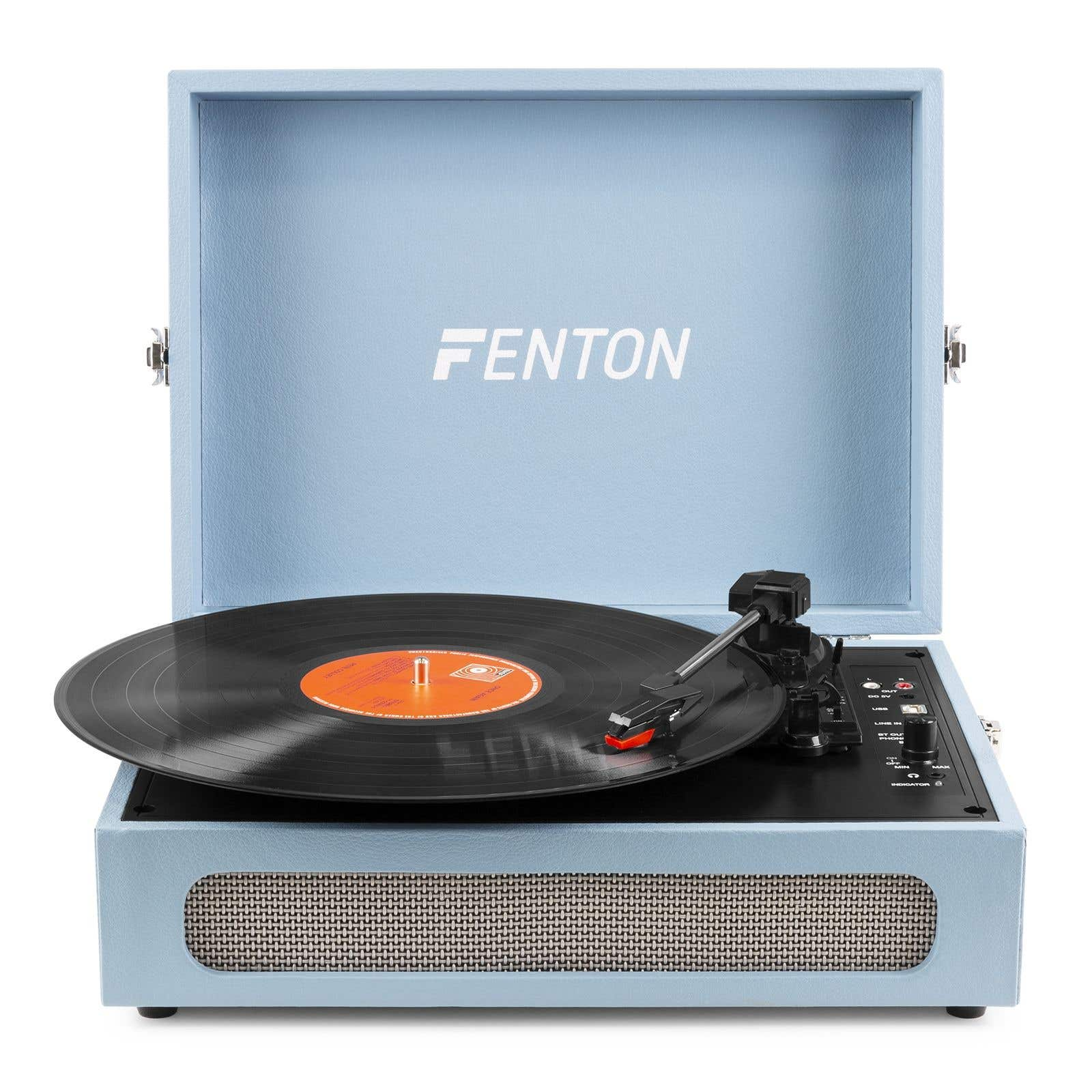 Tocadiscos azul claro con disco de vinilo negro y brazo de lectura, logo FENTON.