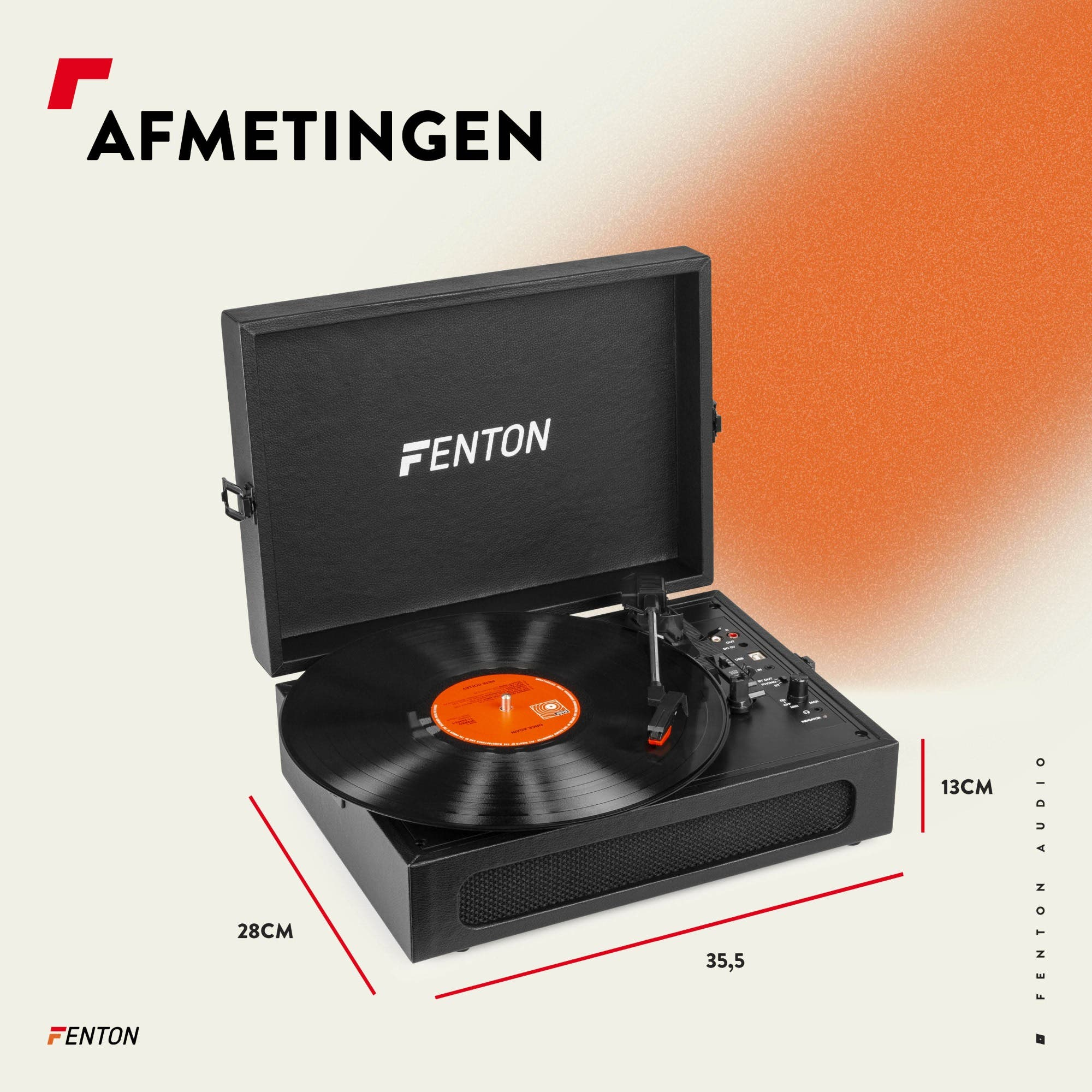 Tocadiscos Fenton negro con dimensiones de 35,5x28x13cm.