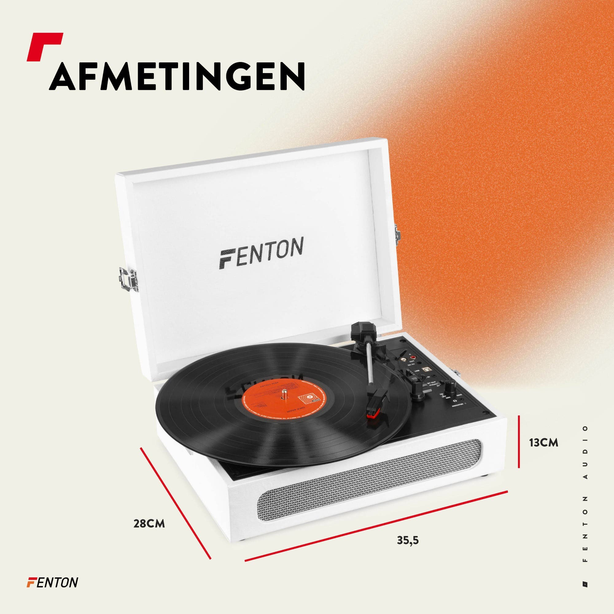 Un tocadiscos Fenton blanco con un disco de vinilo negro y detalles rojos.