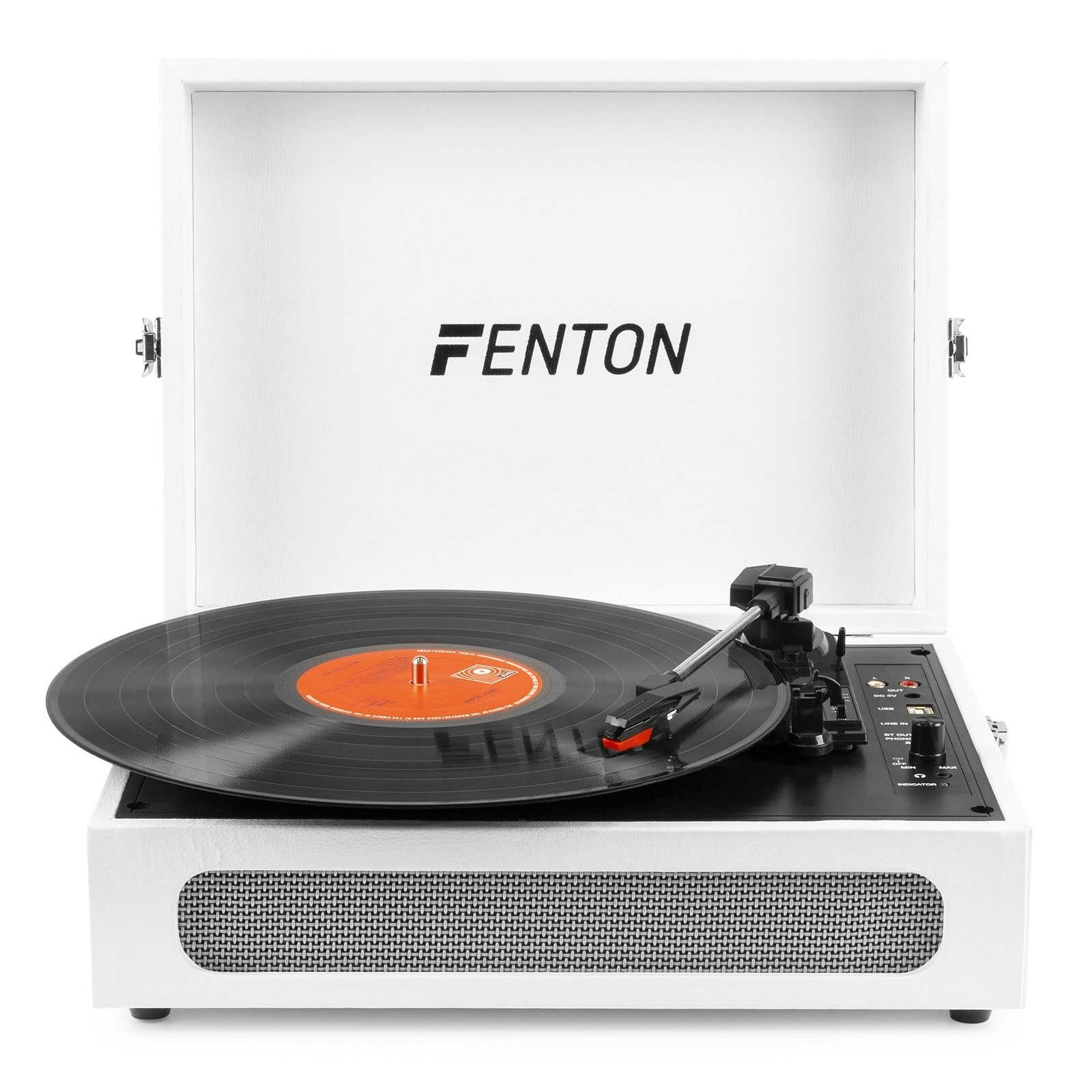 Tocadiscos blanco con tapa cerrada, disco en el plato. Logo FENTON en la tapa.