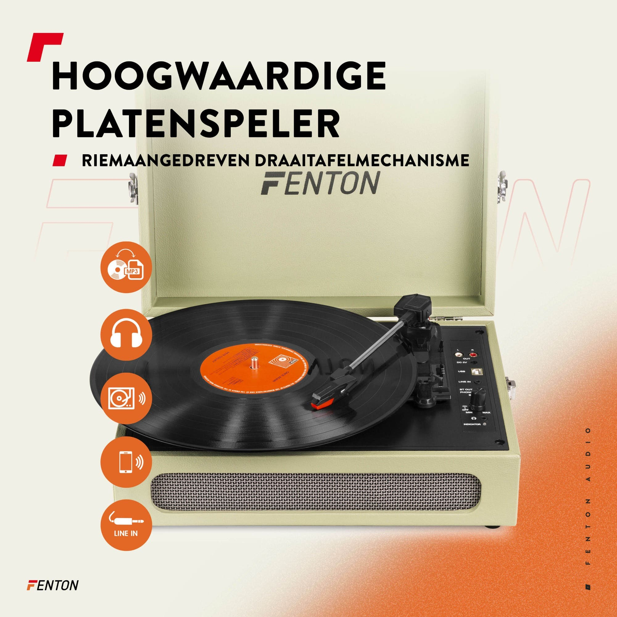 Un tocadiscos beige claro con un disco de vinilo negro, marca Fenton.
