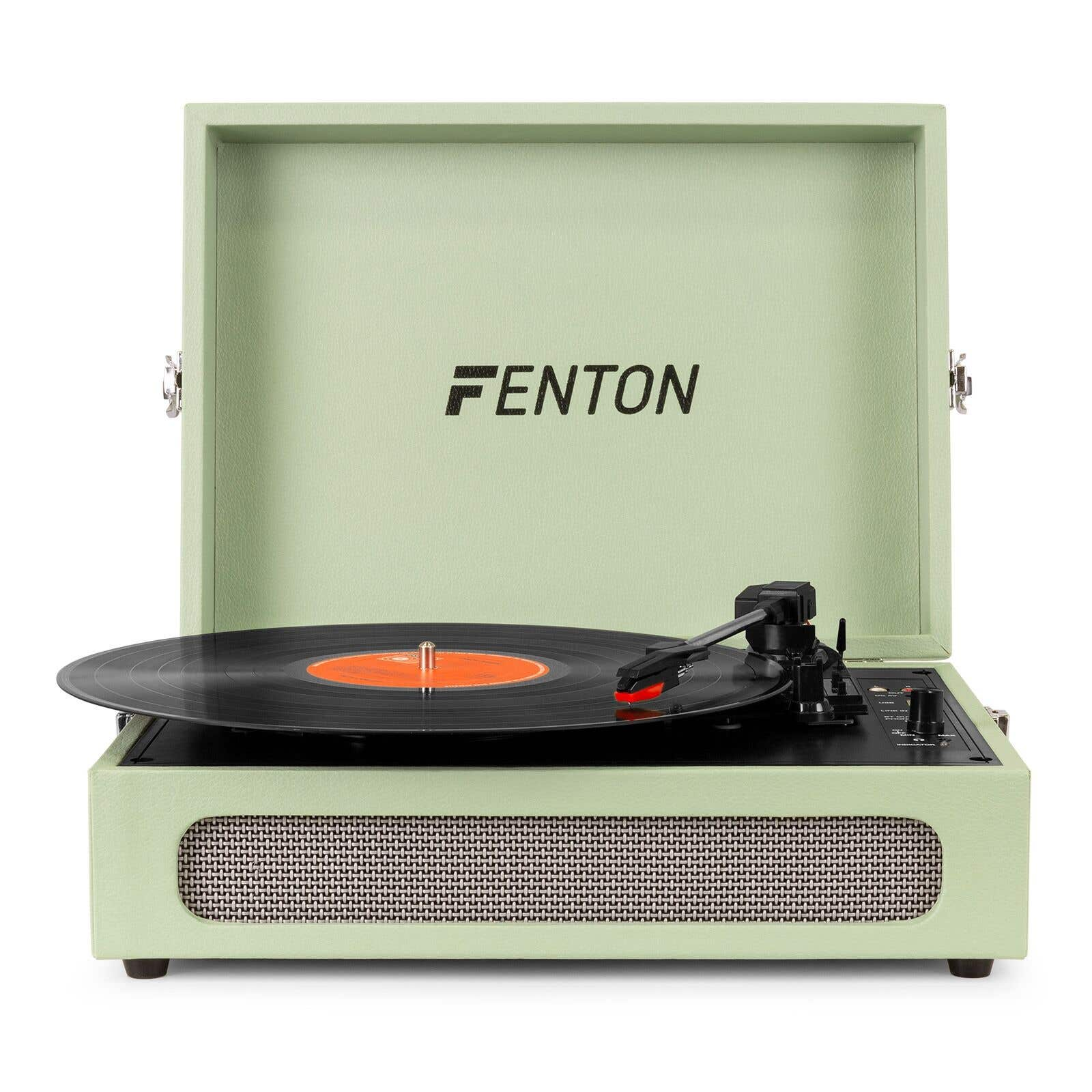 Un tocadiscos verde claro con disco de vinilo y brazo de lectura.