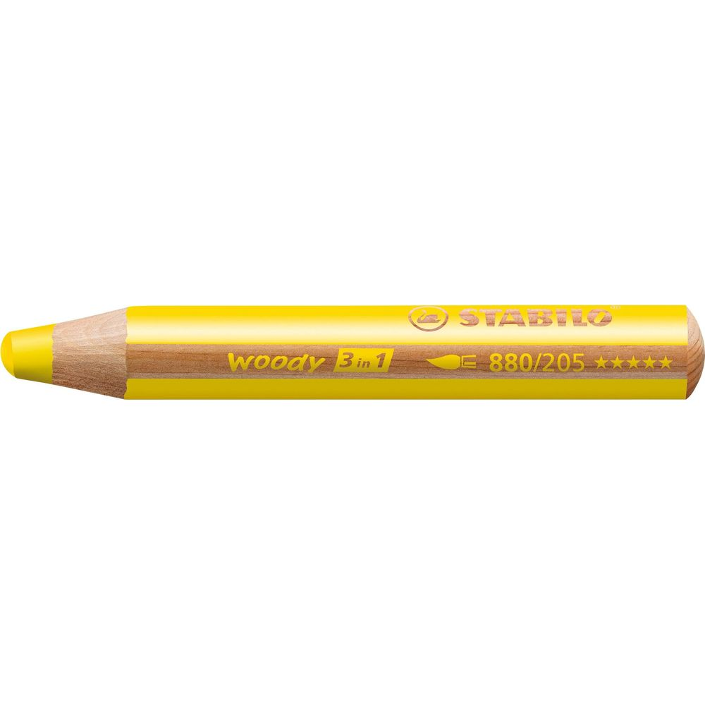 Ein gelber STABILO Woody 3-in-1 Buntstift mit spitzer Mine und Firmenlogo.