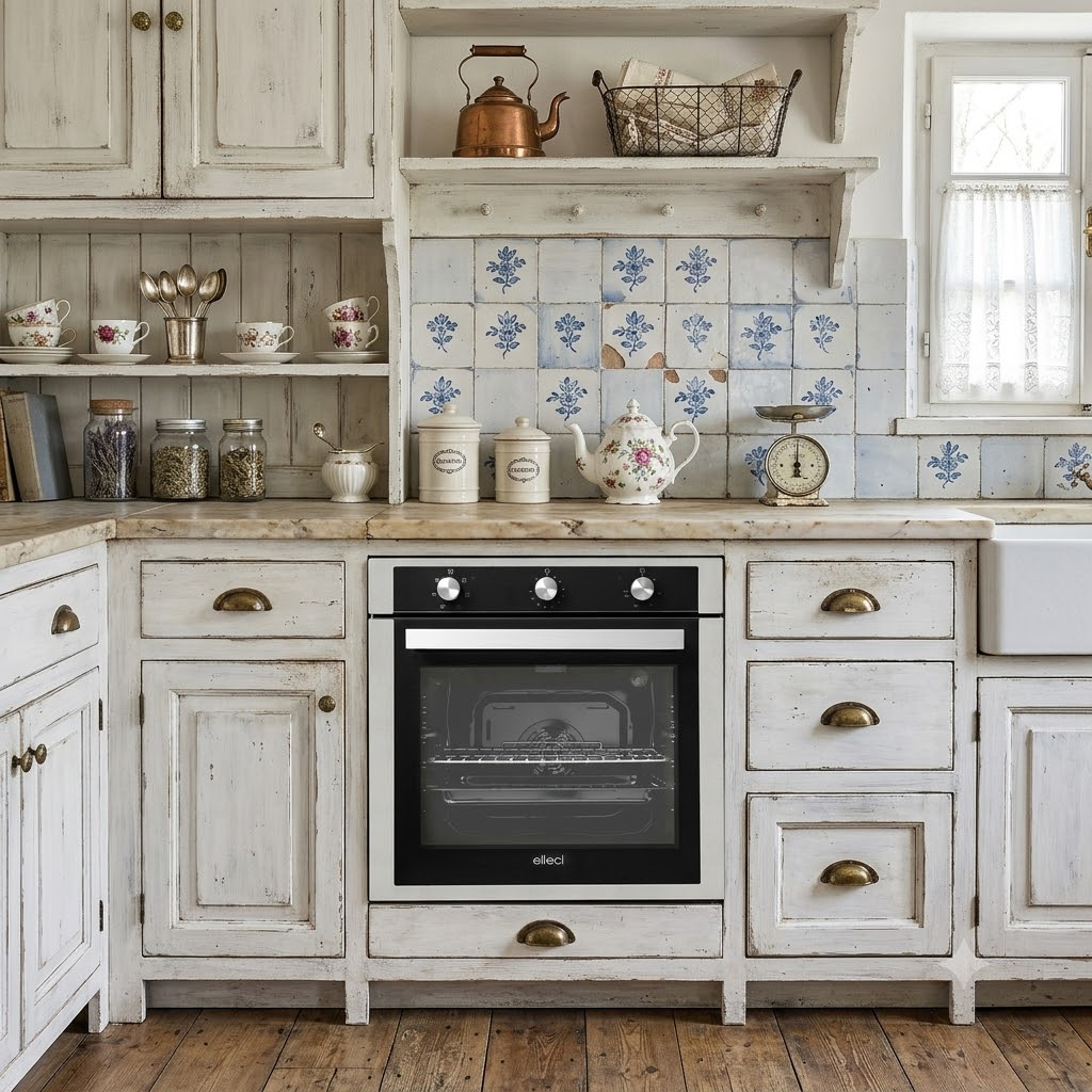 Una cucina rustica con mobili bianchi, un forno e piastrelle blu e bianche.
