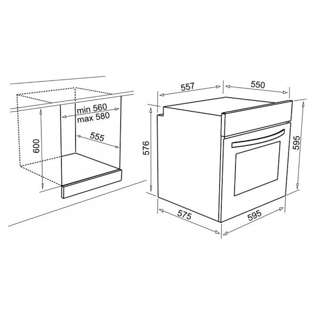Disegno tecnico di un forno da incasso con dimensioni.