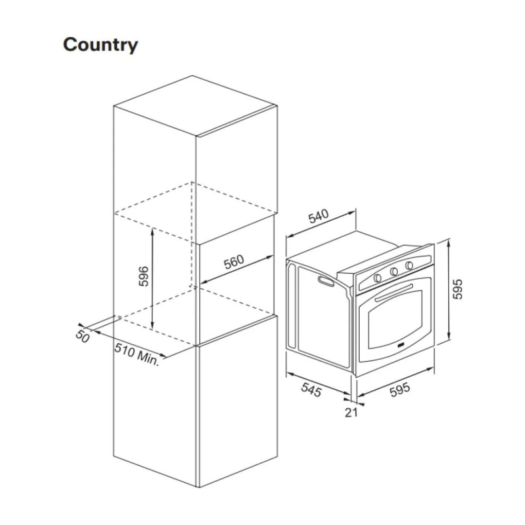 Disegno tecnico di un forno da incasso e un mobile con dimensioni.