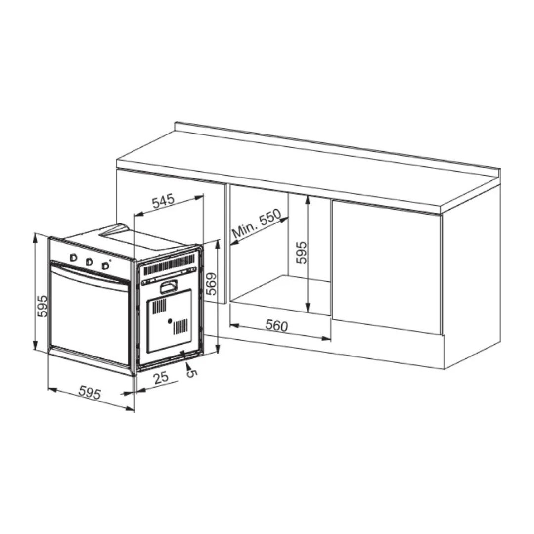 Diagramma mostra dimensioni forno: 595x595x545mm, nicchia 560x595mm.