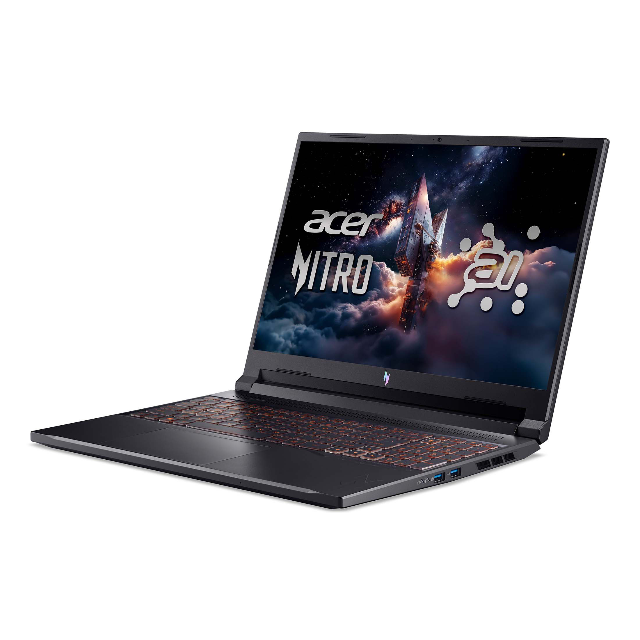 Schwarzer Acer Nitro Laptop mit beleuchteter Tastatur und Weltraum-Hintergrundbild.