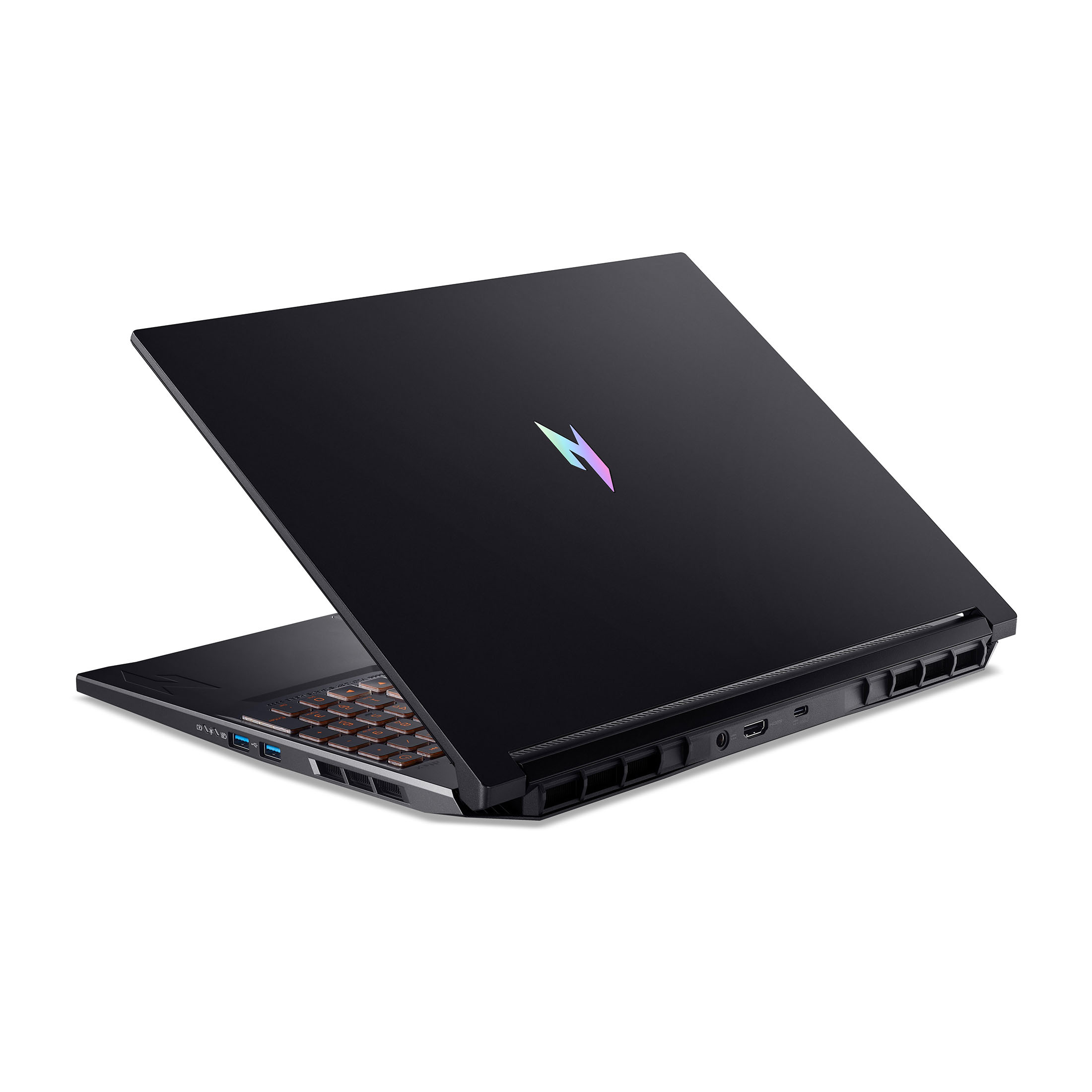 Schwarzer Laptop mit beleuchtetem Logo auf dem Deckel und orangefarbener Tastatur.