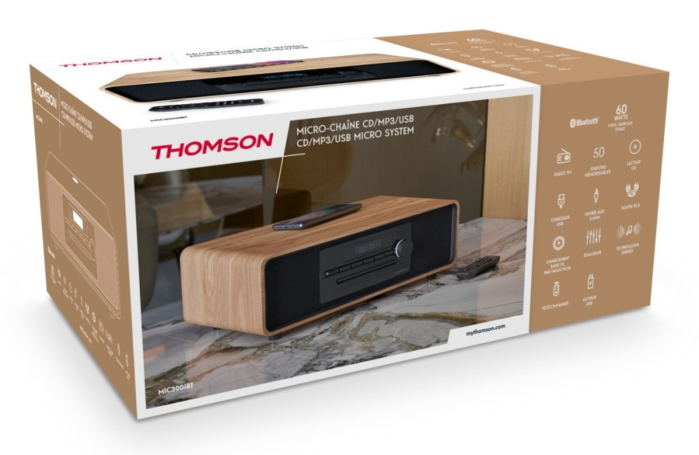 Mikro wieża Thomson CD/MP3/USB, wykończenie drewniane, z pilotem i telefonem.