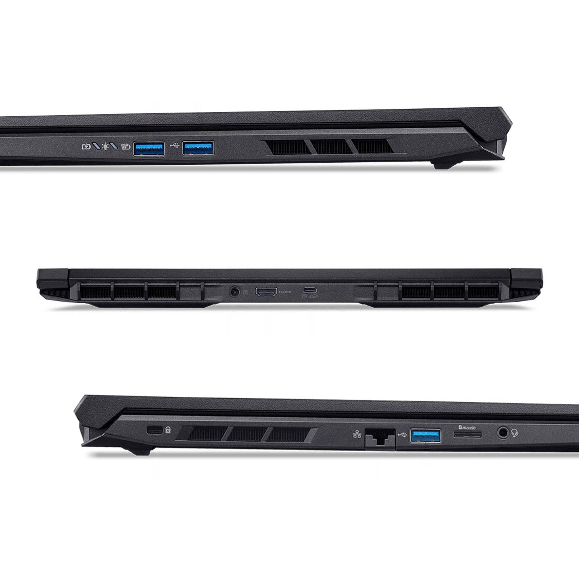 Seitenansicht eines schwarzen Laptops mit verschiedenen Anschlüssen und Lüftungsschlitzen.