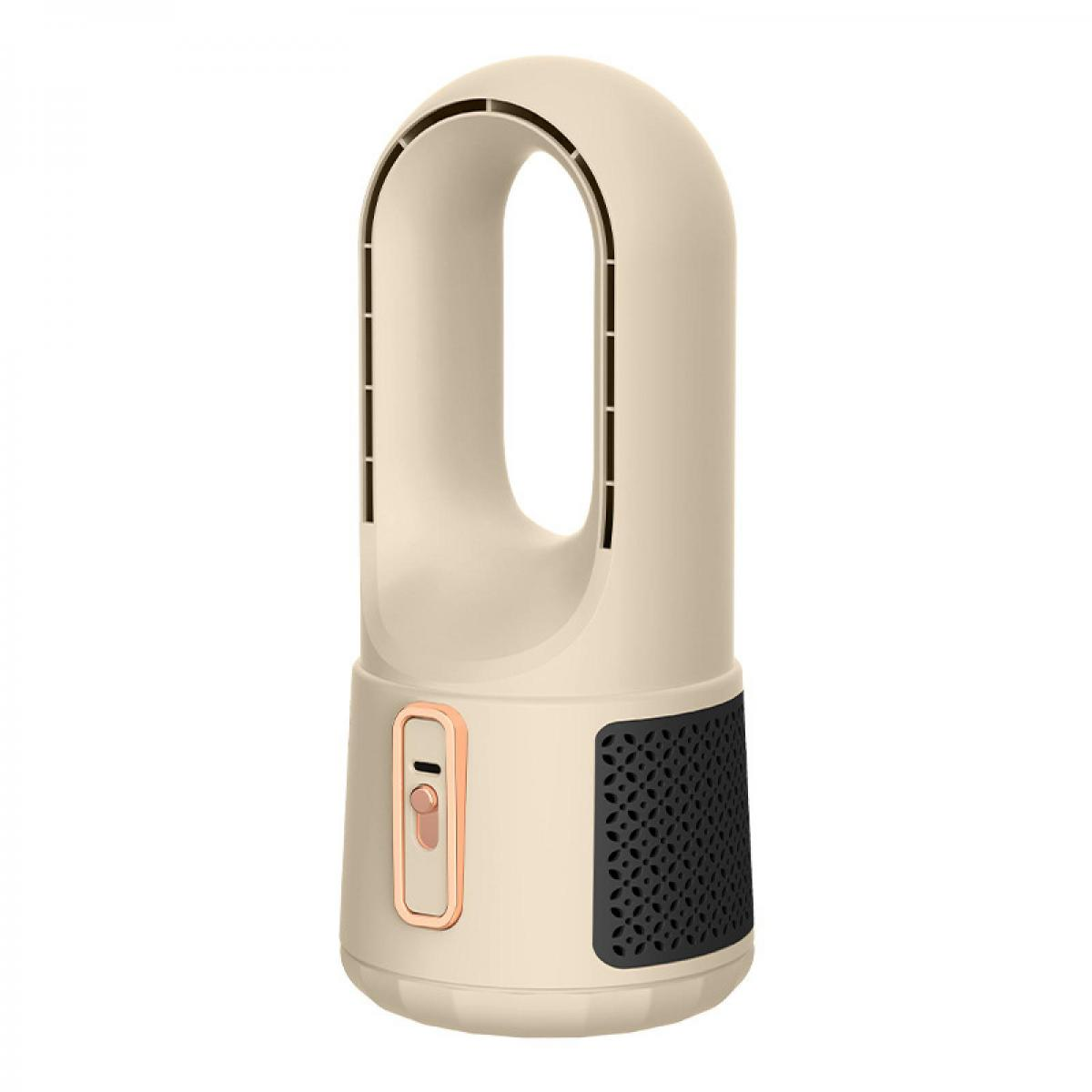Ein beiger Turmventilator mit einem ovalen Griff und einem schwarzen Lüftungsgitter.