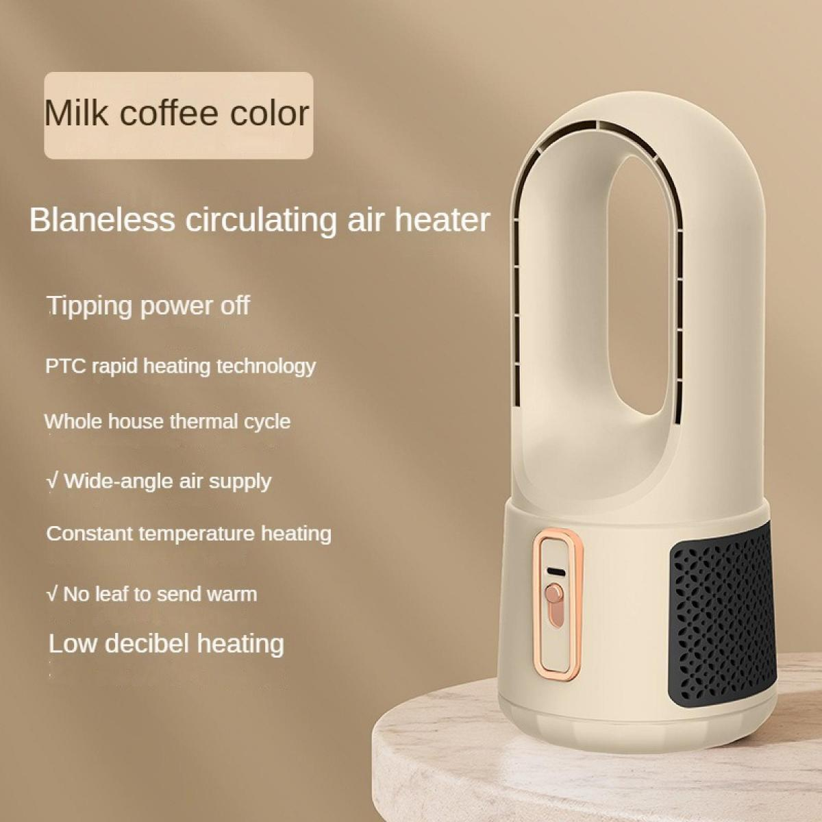 Milchkaffeefarbener, blätterloser Umluftheizer mit Kipp-Abschaltung.