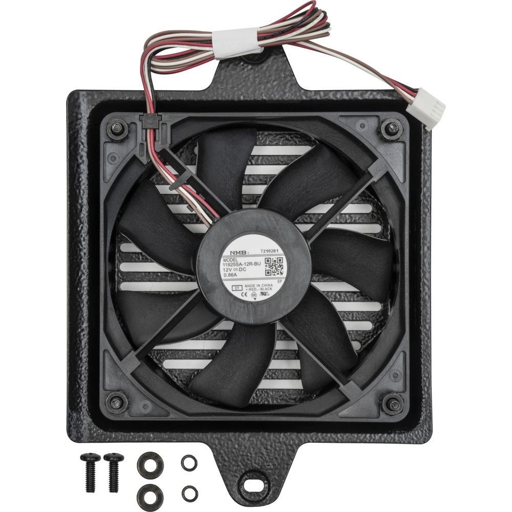 Un ventilateur d'ordinateur noir avec fils, vis et rondelles.