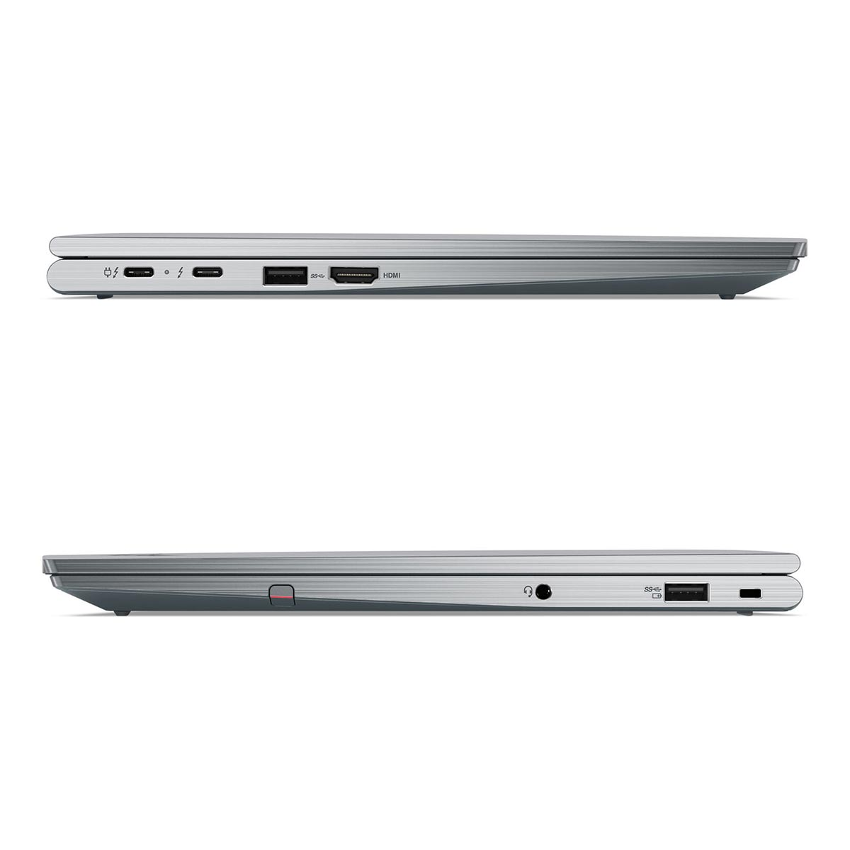Srebrny laptop z portami: USB-C, HDMI, gniazdo słuchawkowe.