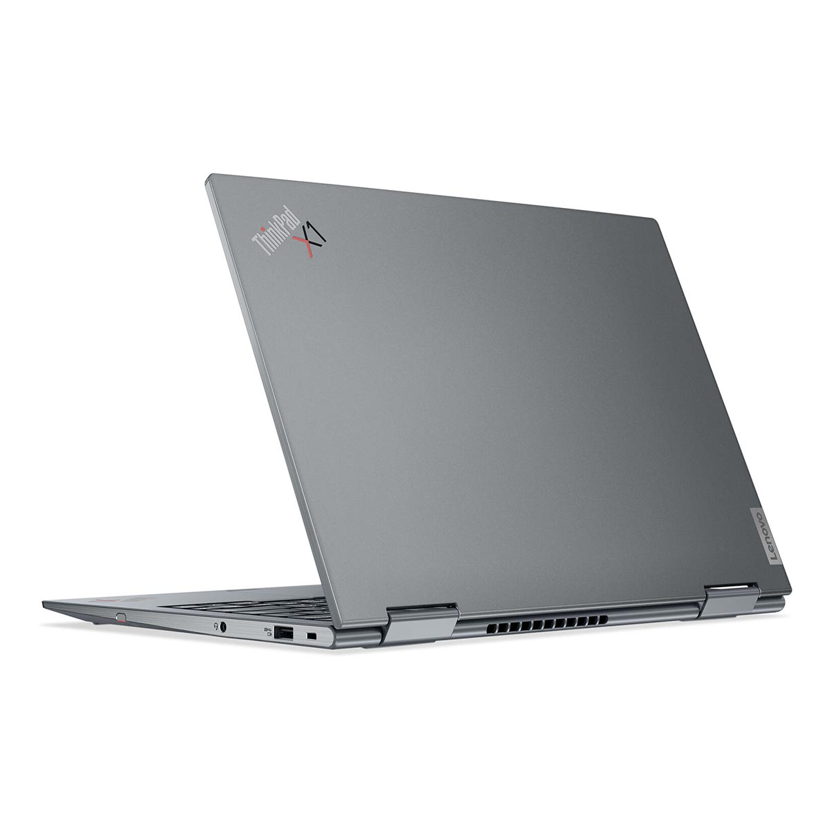 Szary laptop Lenovo ThinkPad X1, pokazujący klawiaturę i porty.